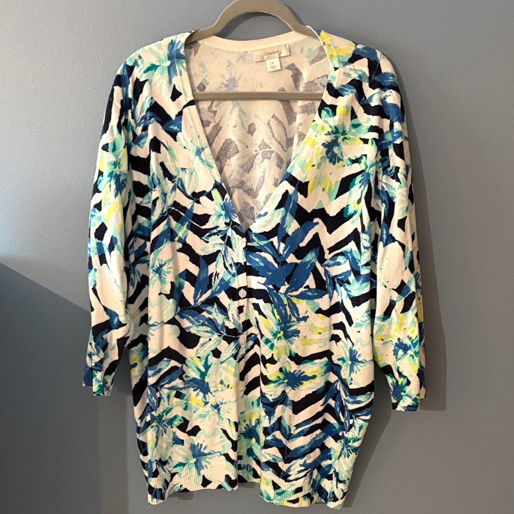 CJ Banks Vibrant Blue and Green 3/4 sleeve V neck Cardigan. Cotton nylon blend.